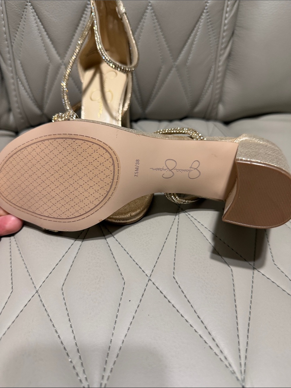 Jessica Simpson Metallic Gold Rhinestone Block Heel Sandals - Picture 10 of 11